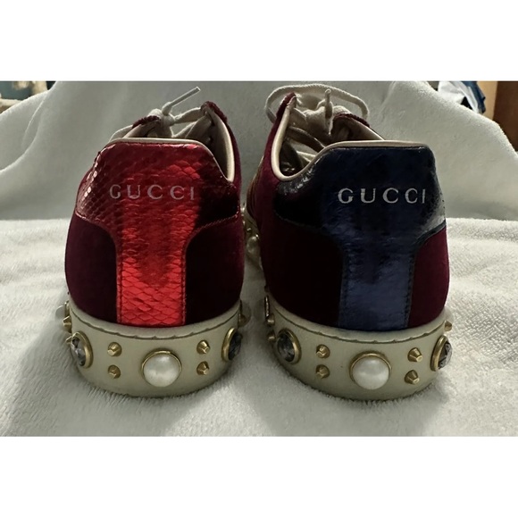 $1180 LkNEW GUCCI Burgundy Velvet New Ace Faux-Pearl Platform Sneakers RARE 37.5 - Picture 6 of 14